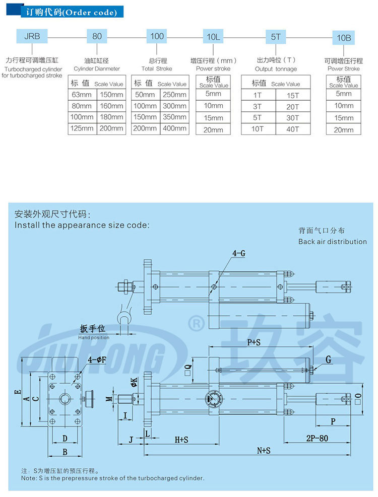 力行程可調(diào)氣液增壓缸訂購(gòu)代碼及安裝尺寸說(shuō)明